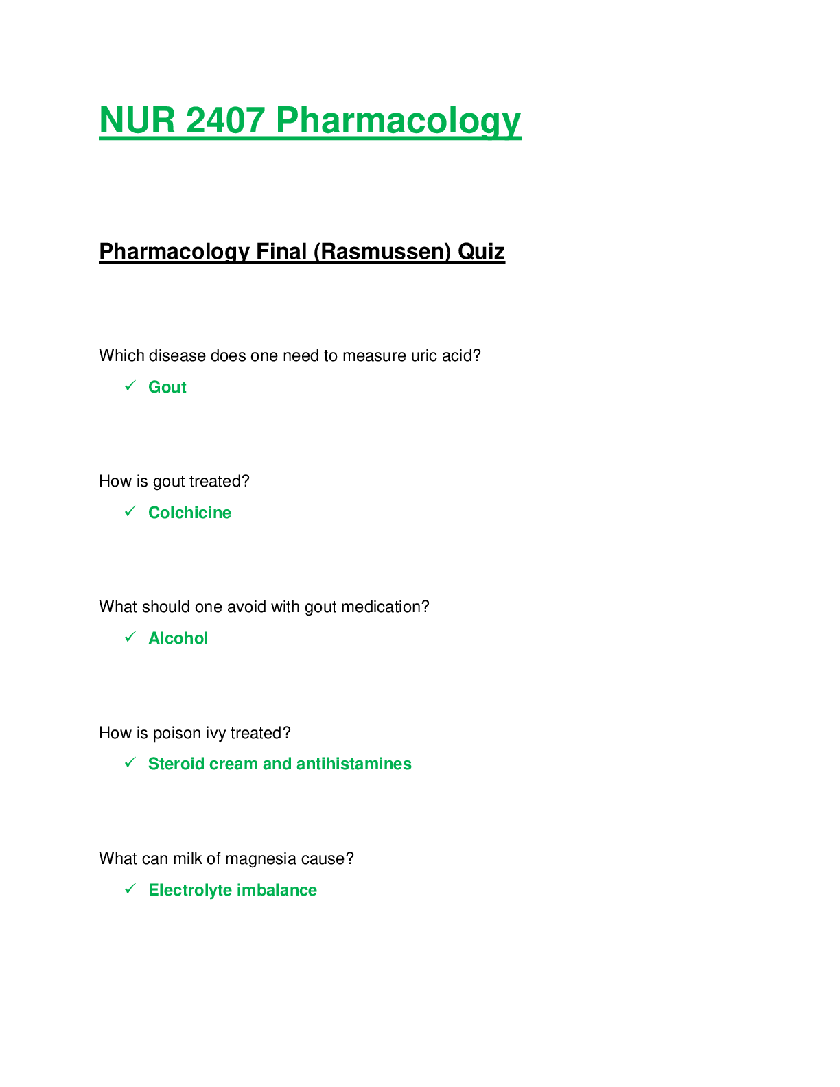 Preview of NUR2407 / NUR 2407: Pharmacology Final (Rasmussen) Quiz (2020)